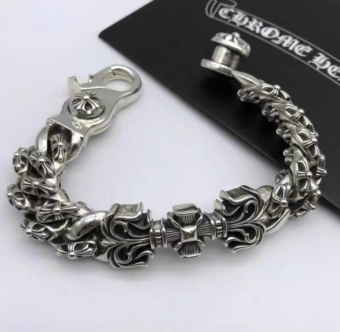 Luxury Chrome-Inspired Gothic Cross Bracelet – Heavyweight Sterling Style Link Chain
