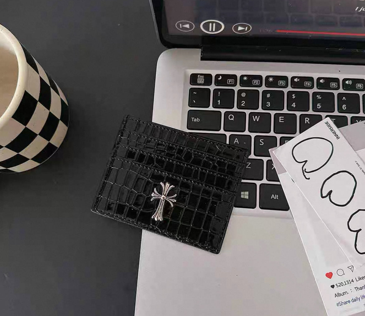 Luxury Gothic-Inspired Cardholder – Chrome Cross Leather Wallet (Multiple Styles)