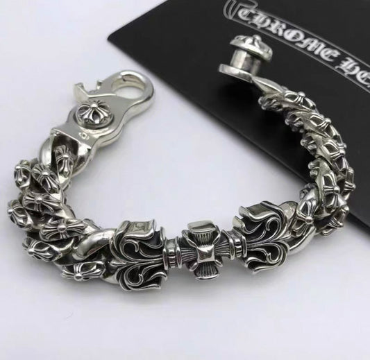 Luxury Chrome-Inspired Gothic Cross Bracelet – Heavyweight Sterling Style Link Chain