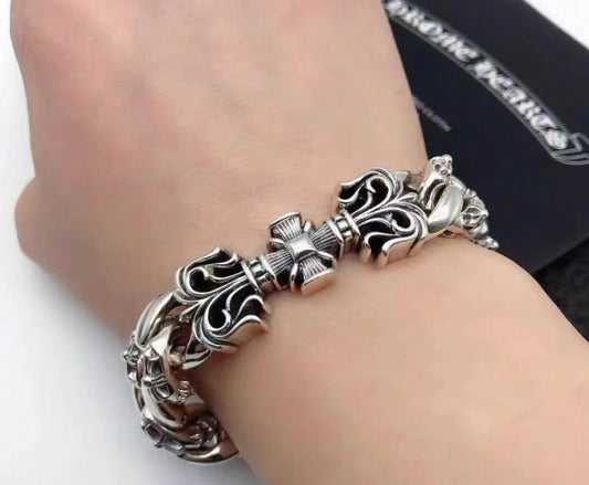 Luxury Chrome-Inspired Gothic Cross Bracelet – Heavyweight Sterling Style Link Chain